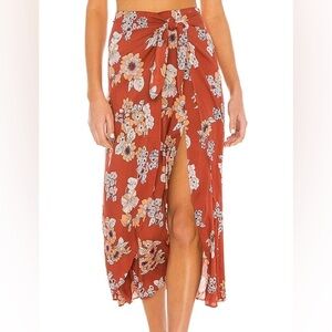 EUC Free People Sunray Skirt in Pink Red Combo Size 8 Wrap Midi Slit Floral